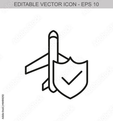 Insured airplane. Editable stroke line icon. Vector illustration