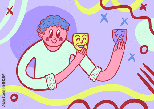The actor plays in the play with masks in his hands
