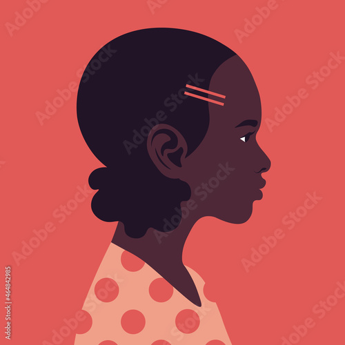 Head of a little African girl in profile. The face of a child. Side view. Portrait. Avatar. Vector flat illustration