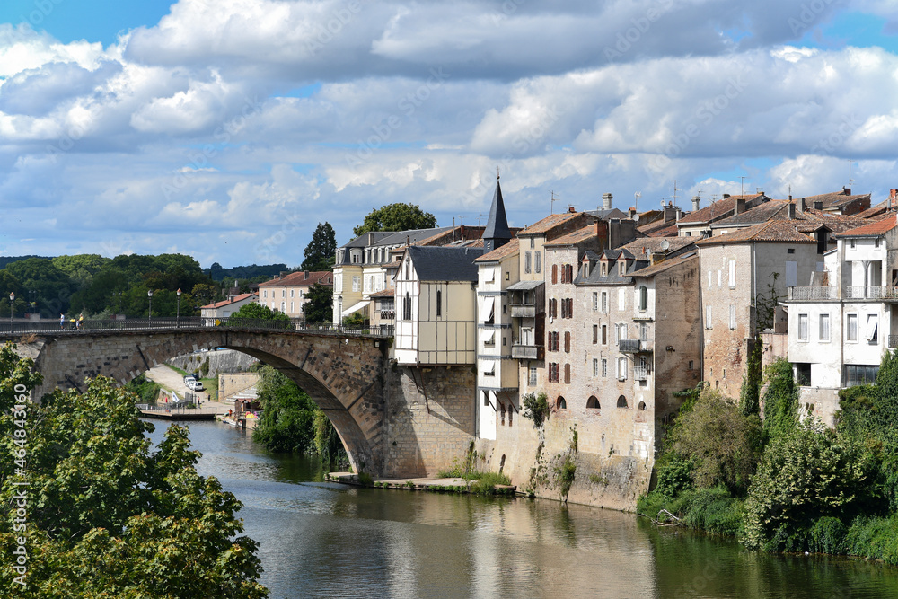 Panorama of the old town of Villeneuve sur Lot with a bridge.