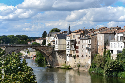 Panorama of the old town of Villeneuve sur Lot with a bridge.