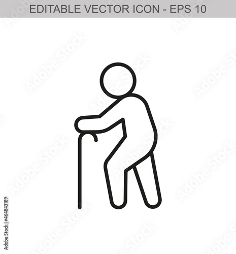 An old man walks with a cane. Editable stroke line icon. Vector illustration