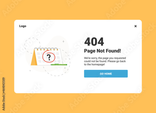 Vector illustration 404 error page not found banner. Template for website. With calendar. Flat design
