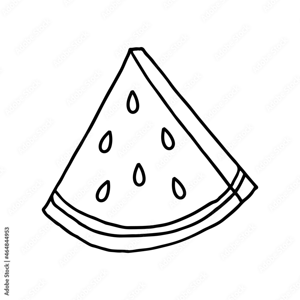 A slice of summer watermelon with seeds in a doodle style. Hand drawn illustration. A slice of summer watermelon with seeds in a doodle style. Hand drawn illustration.