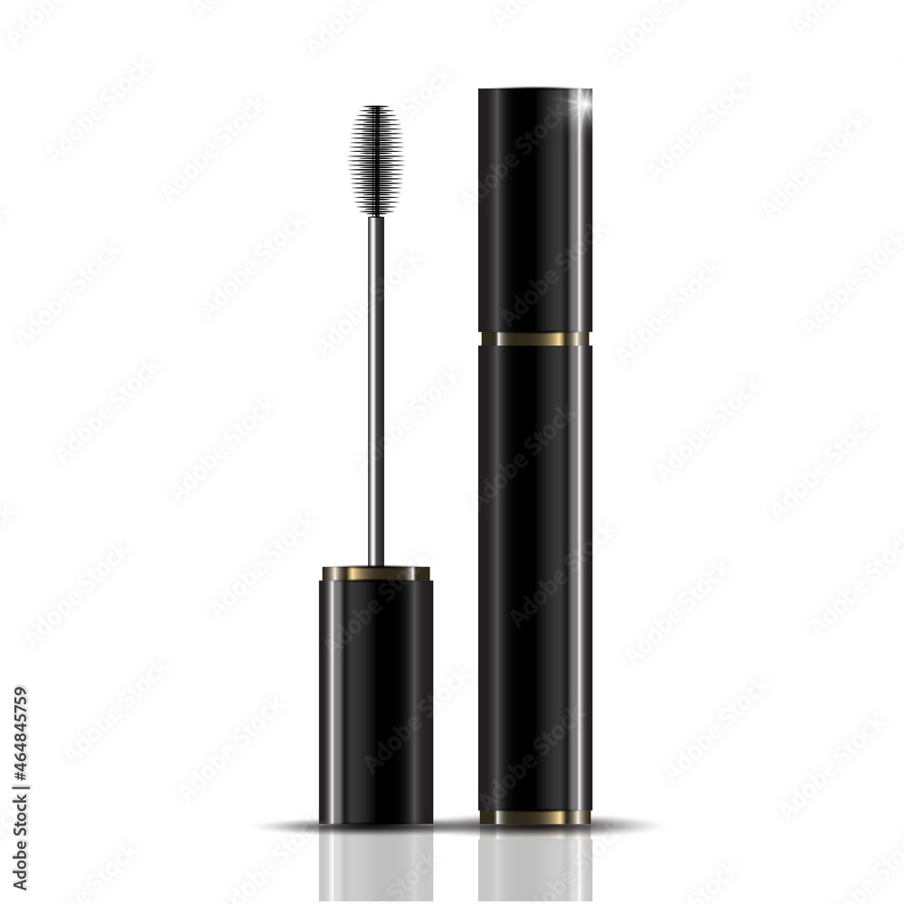 Obraz premium Luxury mascara ads, black and golden package with streamline background illustration vector design