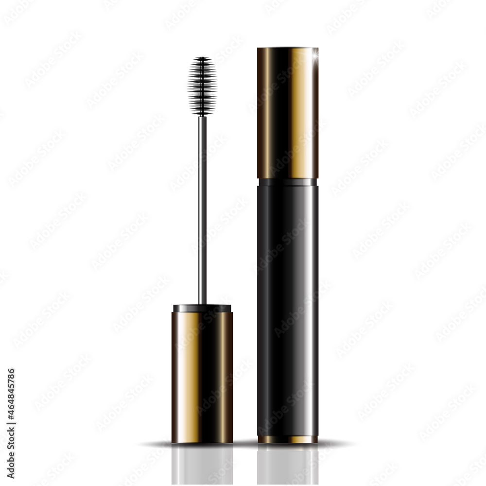 Luxury mascara ads, black and golden package with streamline background illustration vector design Luxury mascara ads, black and golden package with streamline background illustration vector design