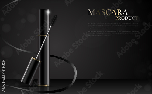 Luxury mascara ads, black and golden package with streamline background illustration vector design