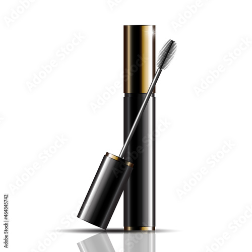 Luxury mascara ads, black and golden package with streamline background illustration vector design