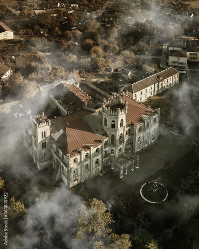 Aerial view of ruined castle in neo-gothic style, Ukraine