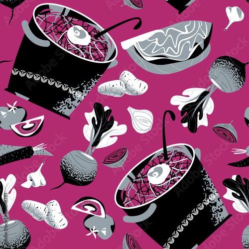Traditional Ukrainian dish. Borscht soup with beets, cabbage, potatoes, onions, tomatoes, garlic and carrots. Seamless background pattern.