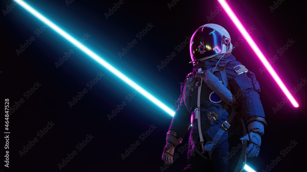 Naklejka premium Retrowave astronaut among neon laser beams. Futuristic background 3d render