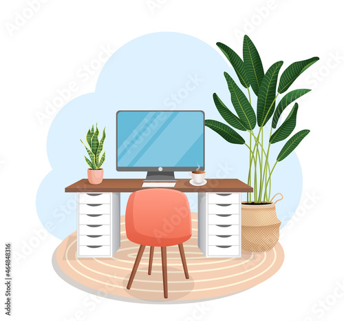 Workspace with computer, table, plant, chair, carpet and cup on isolated white background for home office, cabinet, remote work, freelance, teaching. Vector illustration in flat cartoon style.