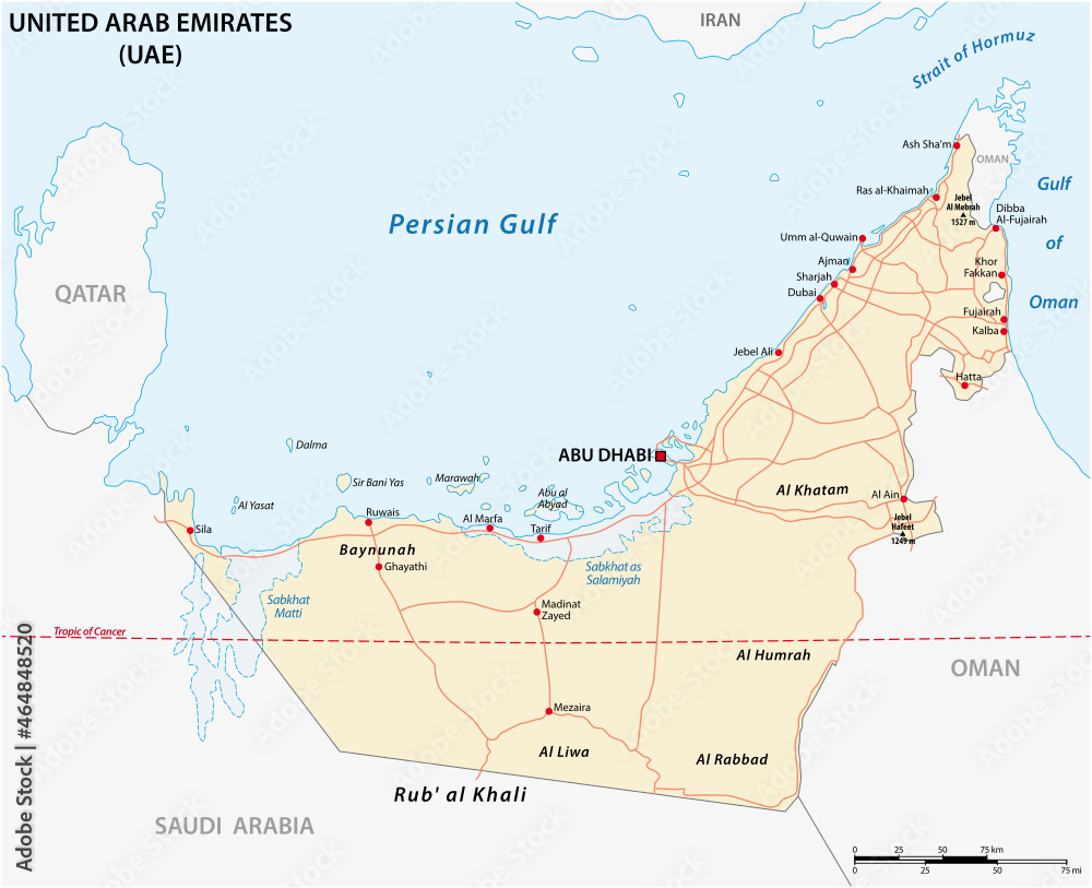 Road vector map of United Arab Emirates, UAE