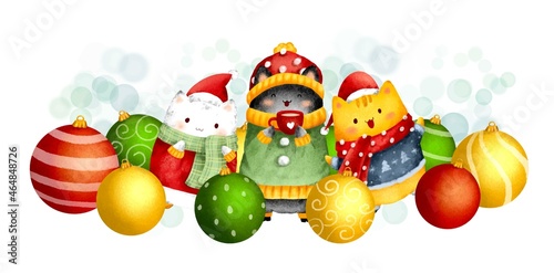 Cute cats with Christmas balls banner 