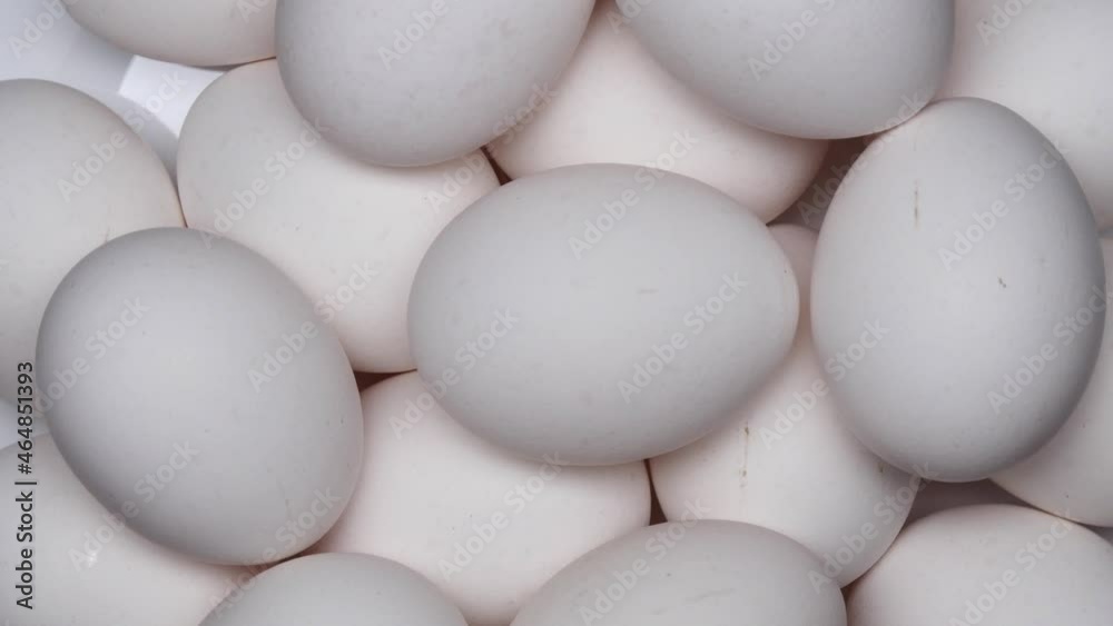 Rotating White Chicken Eggs In A White Plate. Top View. Close Up. Rotating White Chicken Eggs In A White Plate. Top View. Close Up.