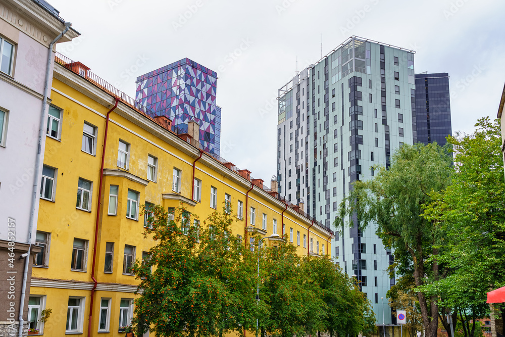 Modern high-rise buildings next to old residential buildings. Tallinn Estonia.