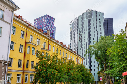 Modern high-rise buildings next to old residential buildings. Tallinn Estonia.