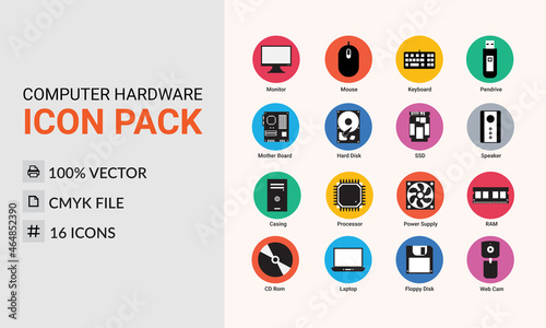 Set of 16 computer hardware vector icons