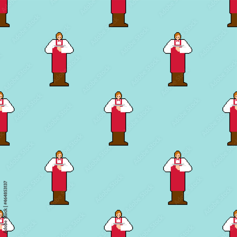 Waiter pixel art pattern seamless. pixelated Service staff in the restaurant background. 8bit texture