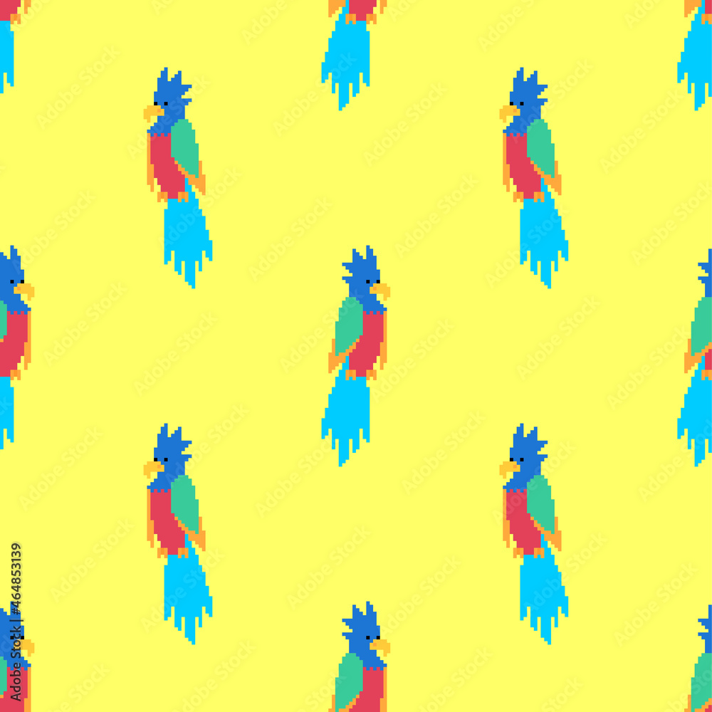 Parrot pixel art pattern seamless. pixelated Talking bird for pirate background. 8 bit texture Parrot pixel art pattern seamless. pixelated Talking bird for pirate background. 8 bit texture