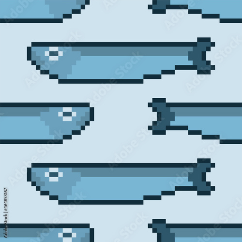 Herring pixel art background. Fish pixelated 8 bit pattern seamless. vector texture