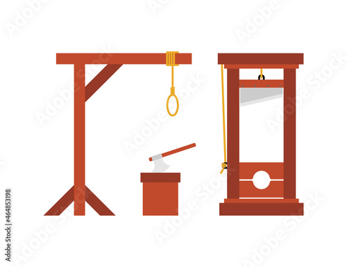 Hangman and guillotine and scaffold stump for chopping off head. Set of the instrument of death penalty