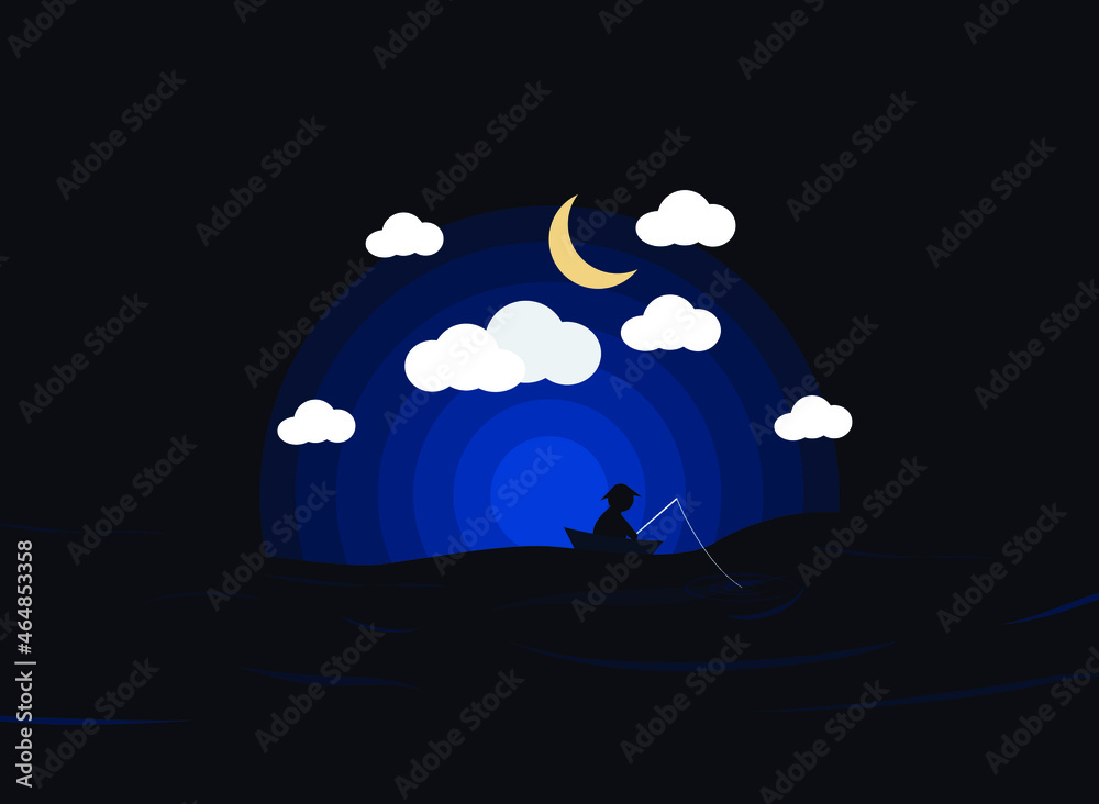 paper illustration alone man in a boat fishing at night under the moon ...