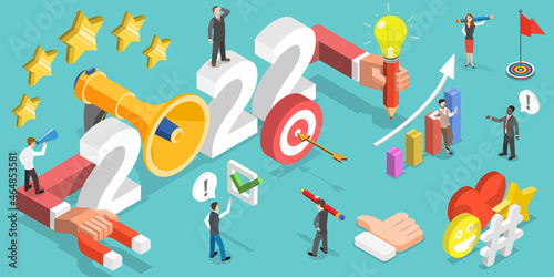 3D Isometric Flat Vector Conceptual Illustration of New Year Digital Marketing Trends, Social Media Campaign Planning