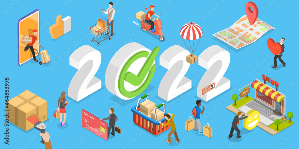 3D Isometric Flat Vector Conceptual Illustration of E-commerce Trends in New Year, Online Shopping and Retail Perspectives in Nearest Future 3D Isometric Flat Vector Conceptual Illustration of E-commerce Trends in New Year, Online Shopping and Retail Perspectives in Nearest Future