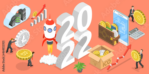 3D Isometric Flat Vector Conceptual Illustration of New Year Cryptocurrency Trends, Digital Money and Blockchain Technology
