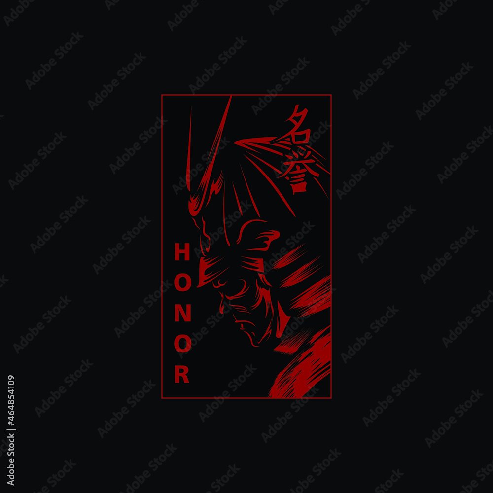 Masculine, Red Colored, Portrait Samurai Warrior Vector Apparel, Poster Illustration