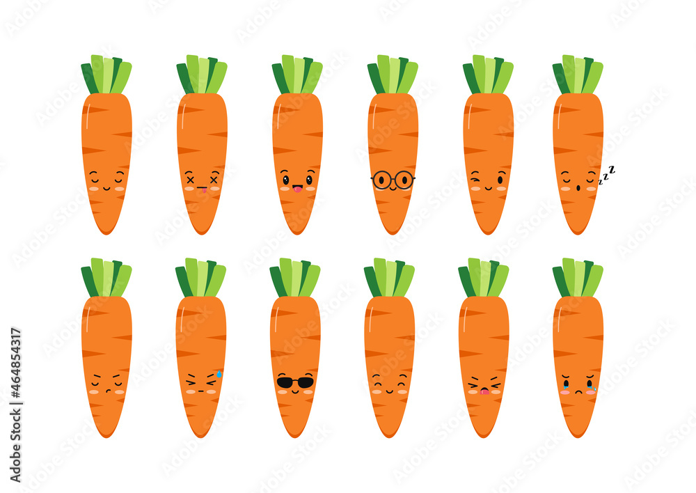 Cute carrot character icon set. Kawaii fresh funny orange carrot mascot collection. Flat design cartoon food emoticons vector illustration. Cute carrot character icon set. Kawaii fresh funny orange carrot mascot collection. Flat design cartoon food emoticons vector illustration.