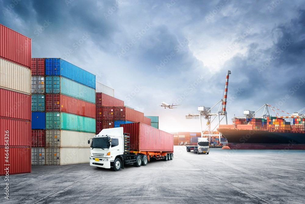Business logistics and transportation concept of containers cargo freight  ship and cargo plane in shipyard at dramatic blue sky, logistic import  export and transport industry background Photos | Adobe Stock