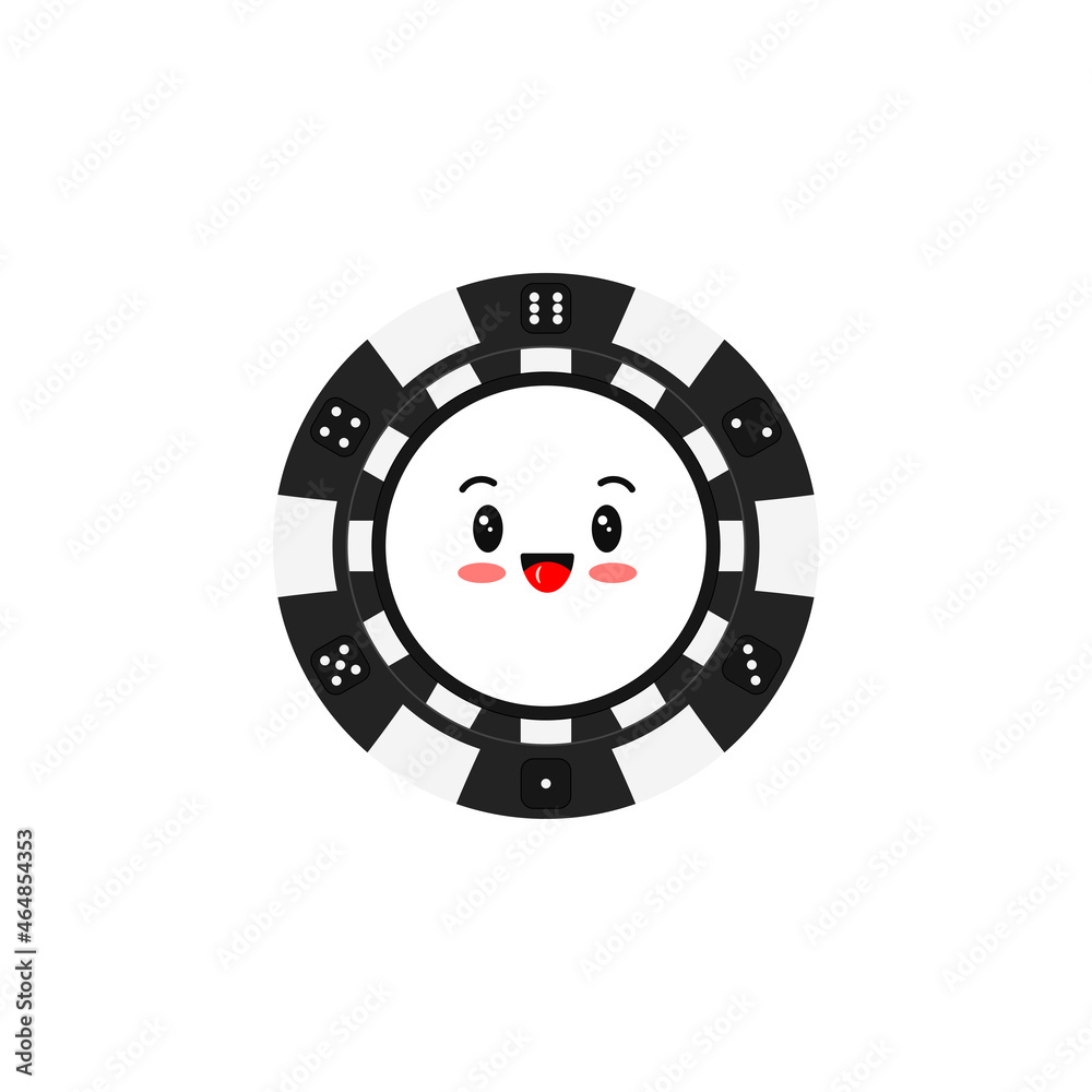 Casino poker chip smilling emoticon isolated on white background. Casino black coin chip with face character. Vector flat design cartoon kawaii style illustration. Casino poker chip smilling emoticon isolated on white background. Casino black coin chip with face character. Vector flat design cartoon kawaii style illustration.