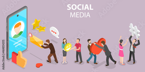 3D Isometric Flat Vector Conceptual Illustration of Social Media, Social Networking and Digital Marketing