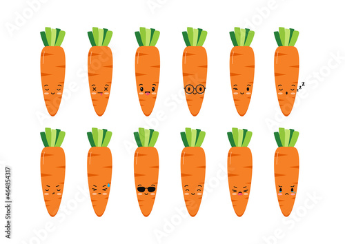 Cute carrot character icon set. Kawaii fresh funny orange carrot mascot collection. Flat design cartoon food emoticons vector illustration. 