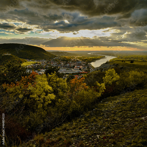 Hainburg city and Danube river view from Braunsberg mountain in sunset  Austria