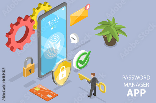 3D Isometric Flat Vector Conceptual Illustration of Password Manager App, Data Protection and Biometric Technologies