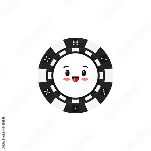 Casino poker chip smilling emoticon isolated on white background. Casino black coin chip with face character. Vector flat design cartoon kawaii style illustration.