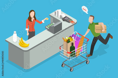 3D Isometric Flat Vector Conceptual Illustration of Supermarket Cashier, Worker Behind the Cashier Counter in Supermarket
