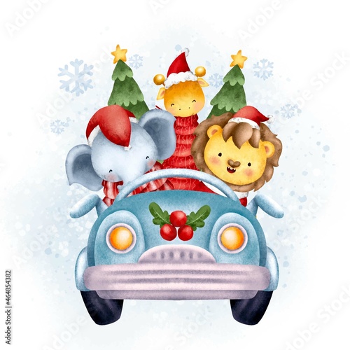 Christmas cute safari animal riding blue car 