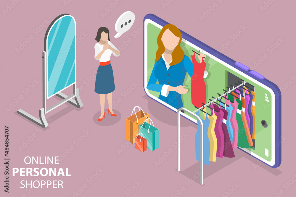 3D Isometric Flat Vector Conceptual Illustration of Online Personal Shopper,  Fashion Consultant Service Stock Vector