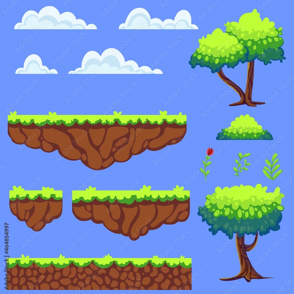 The collection is a set for creating platformer games, a forest landscape with trees, plants, clouds, a bush. Platforms and islands for creating 2D casual style games for mobile game development