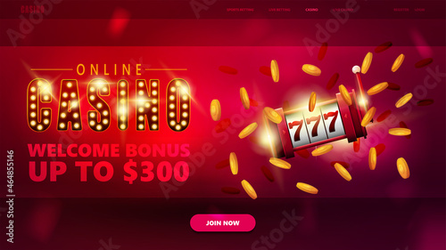 Online casino, banner for website with button and red slot machine with golden coins around