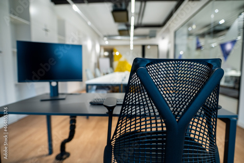 Modern office interior. Black chair and table in a modern corporation.Office desk for businessmen