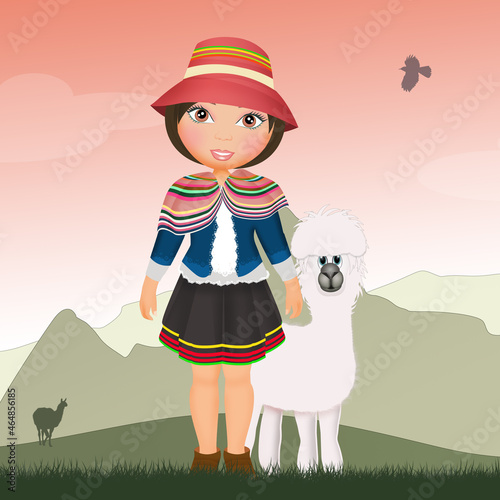illustration of Peruvian child and alpaca