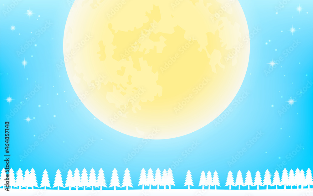 Fototapeta premium 大きな月と白いモミの木、キラキラ光る青背景
