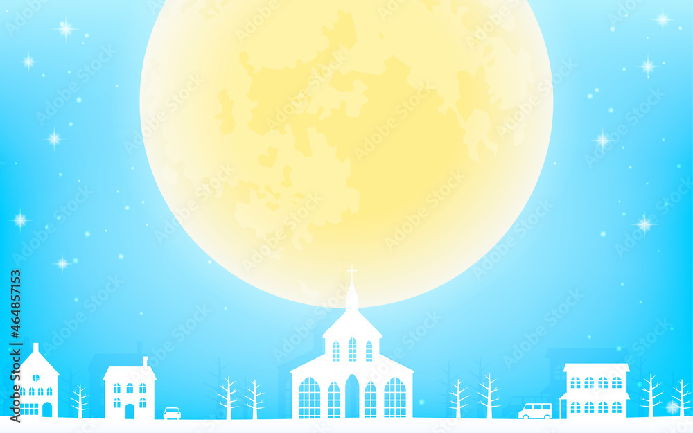 大きな月と白い街並み、キラキラ光る青背景