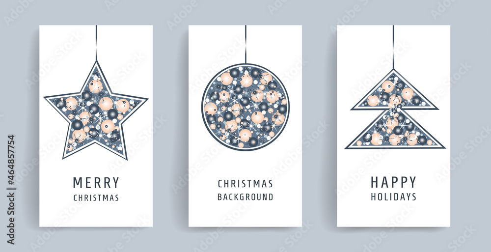 Merry Christmas and Happy New Year set of greeting cards, posters, covers. Modern Xmas design with tree, ball, stars pattern in blue white colors. Vector illustration with decoration elements