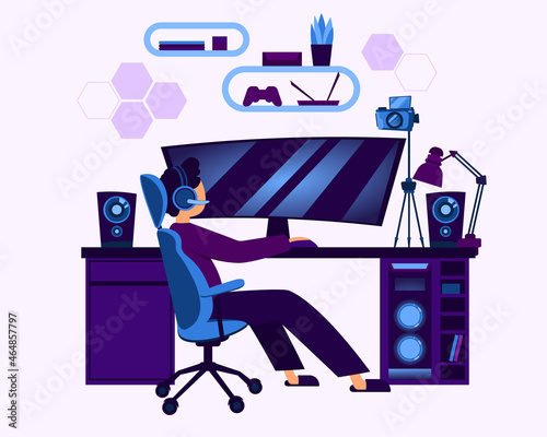 E-sport gamer live streaming online videogame play and viewer with laptop. E-sports streaming, live game show, online streaming business concept. Bright vibrant violet vector isolated illustration